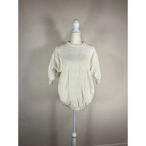 Vintage Stagelight Cream White Textured Knit 3/4 Sleeve Sweater Made in USA OS